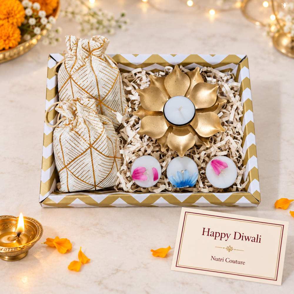 Nutricouture-Premium Diwali Dry Fruits Gift Hamper with Cashews, Almonds & Decorative Lotus Diyas (NCD26 (1)