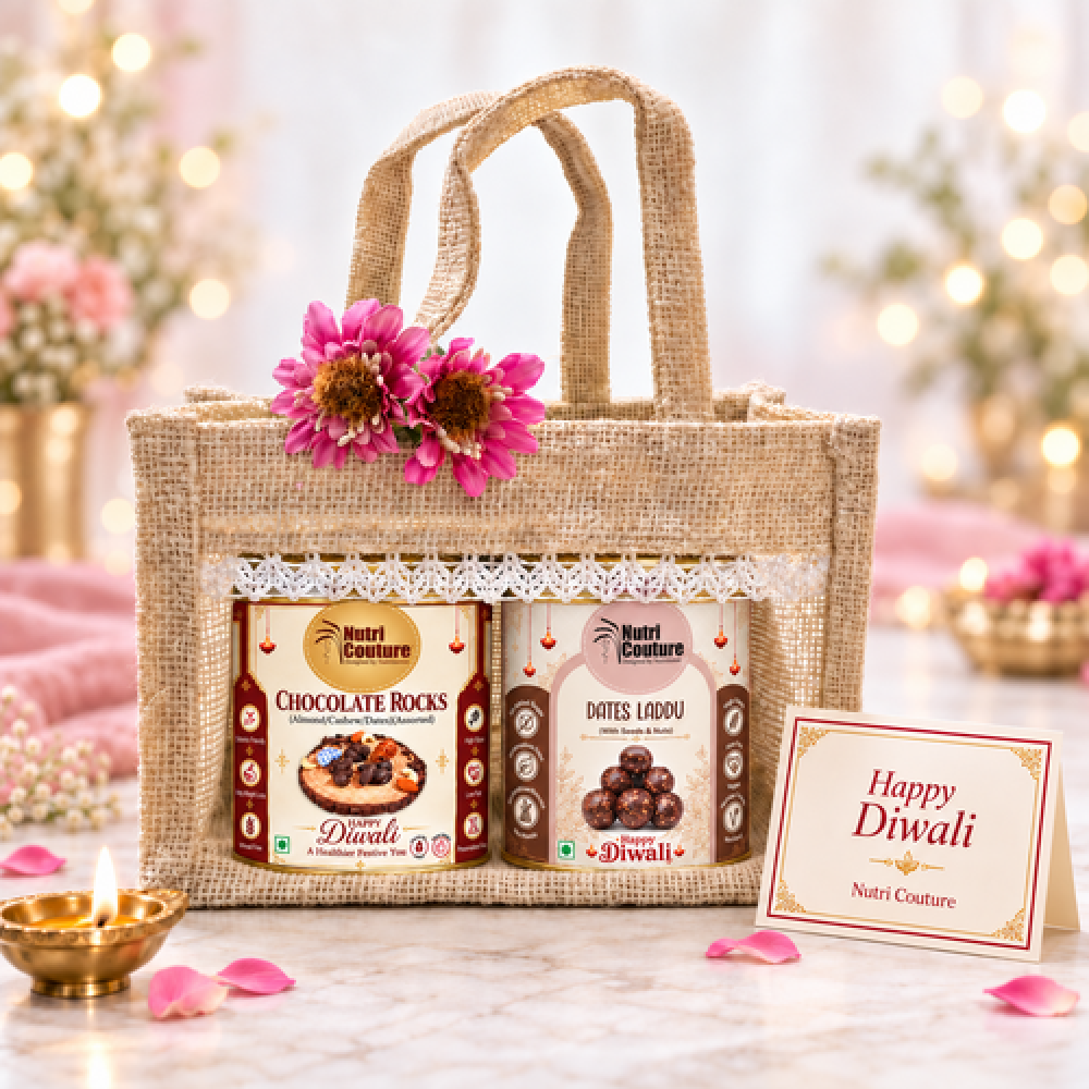 Nutricouture-Premium Diwali Gift Hamper with Almond & Cashew Chocolate Rocks and Dates & Dry Fruit Laddus(NCD26.08)