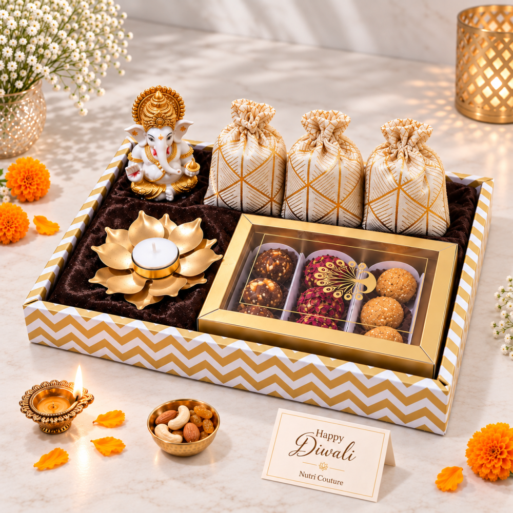 Nutricouture-Premium Diwali Gift Hamper with Dry Fruits, Assorted Laddus, Ganesh Idol & Decorative Diya (NCD26 (5)